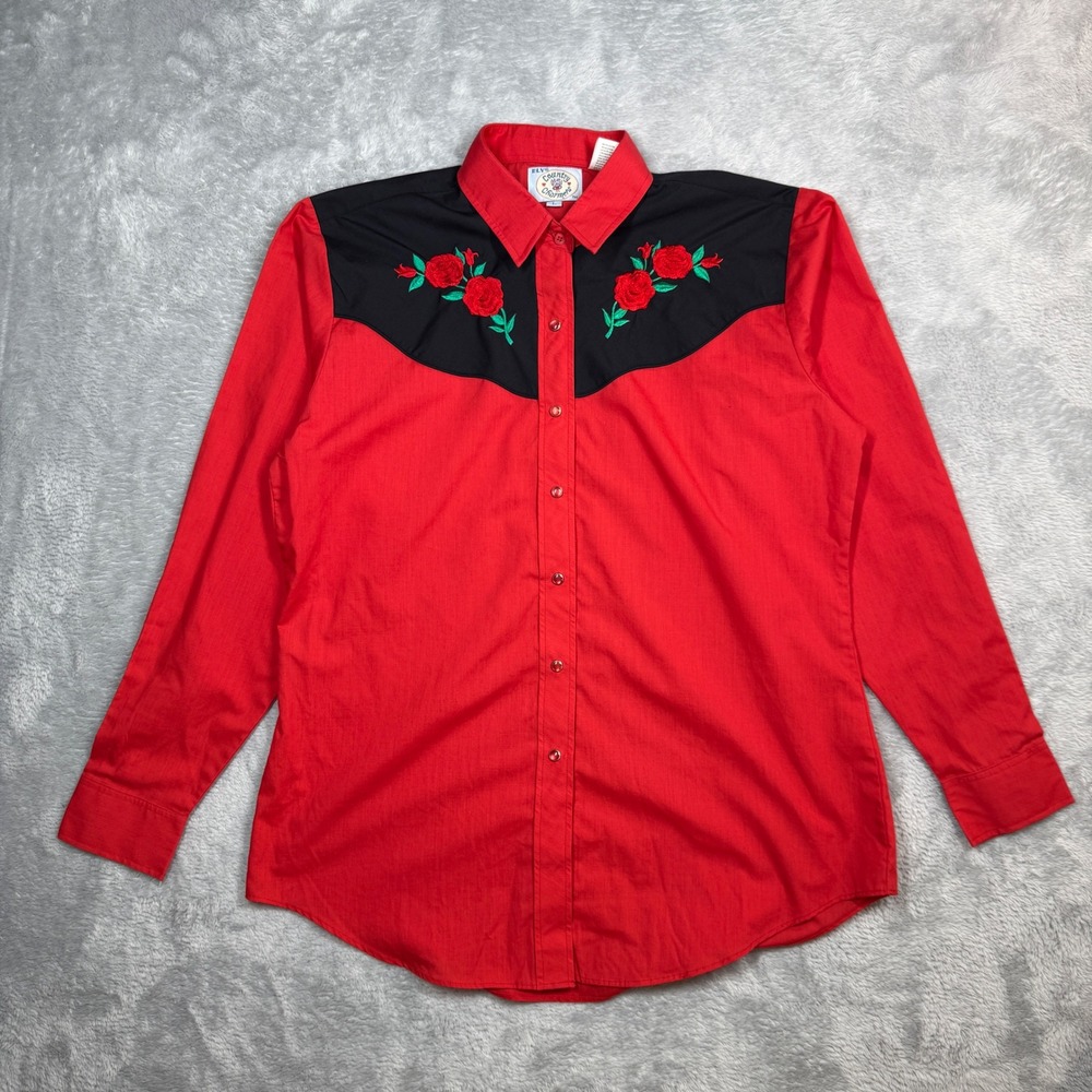 Vintage Ely Country Charmers Western Shirt Womens L Red Rose Embroidery Y2K